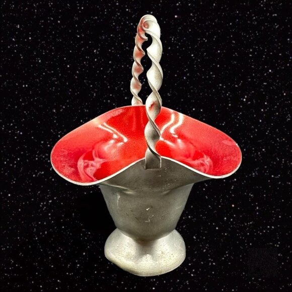 Vintage Norway Mid Century Modern Pewter Small Basket Red Metal Enameled 4”T - Picture 1 of 11